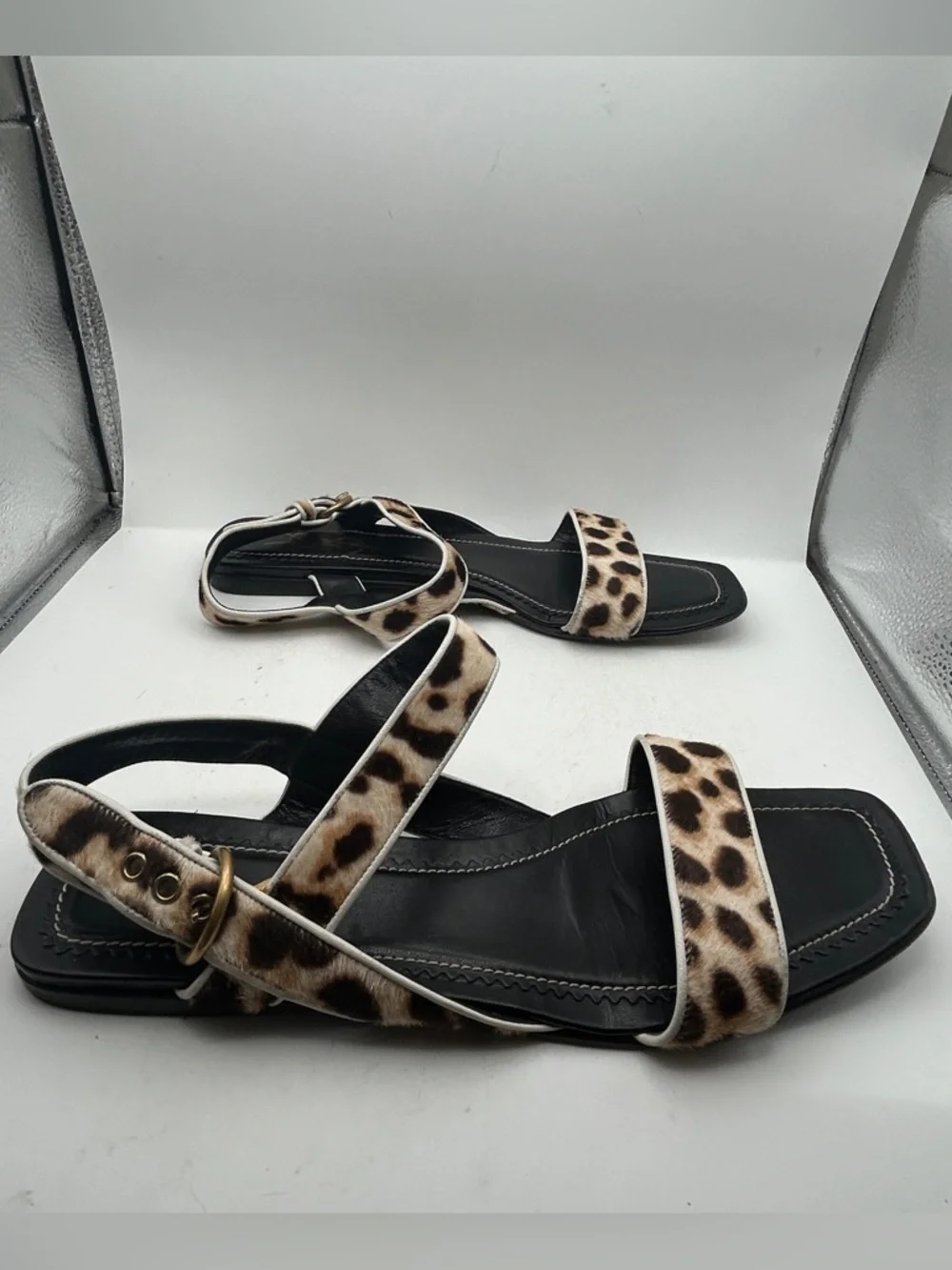 Womens YSL Leopard Calf Hair Sandals Flat Strappy Square Toe Italy 40 luxury - Picture 4 of 13
